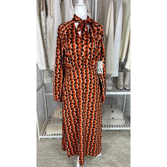 Worthington Dresses & Skirts - Worthington Women's Sz XS Orange Geometric Print Tie Neck Satin Midi Dress #0561